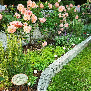 Blühender Kräutergarten mit Rosen und beschrifteten Pflanzen im gepflegten Garten
